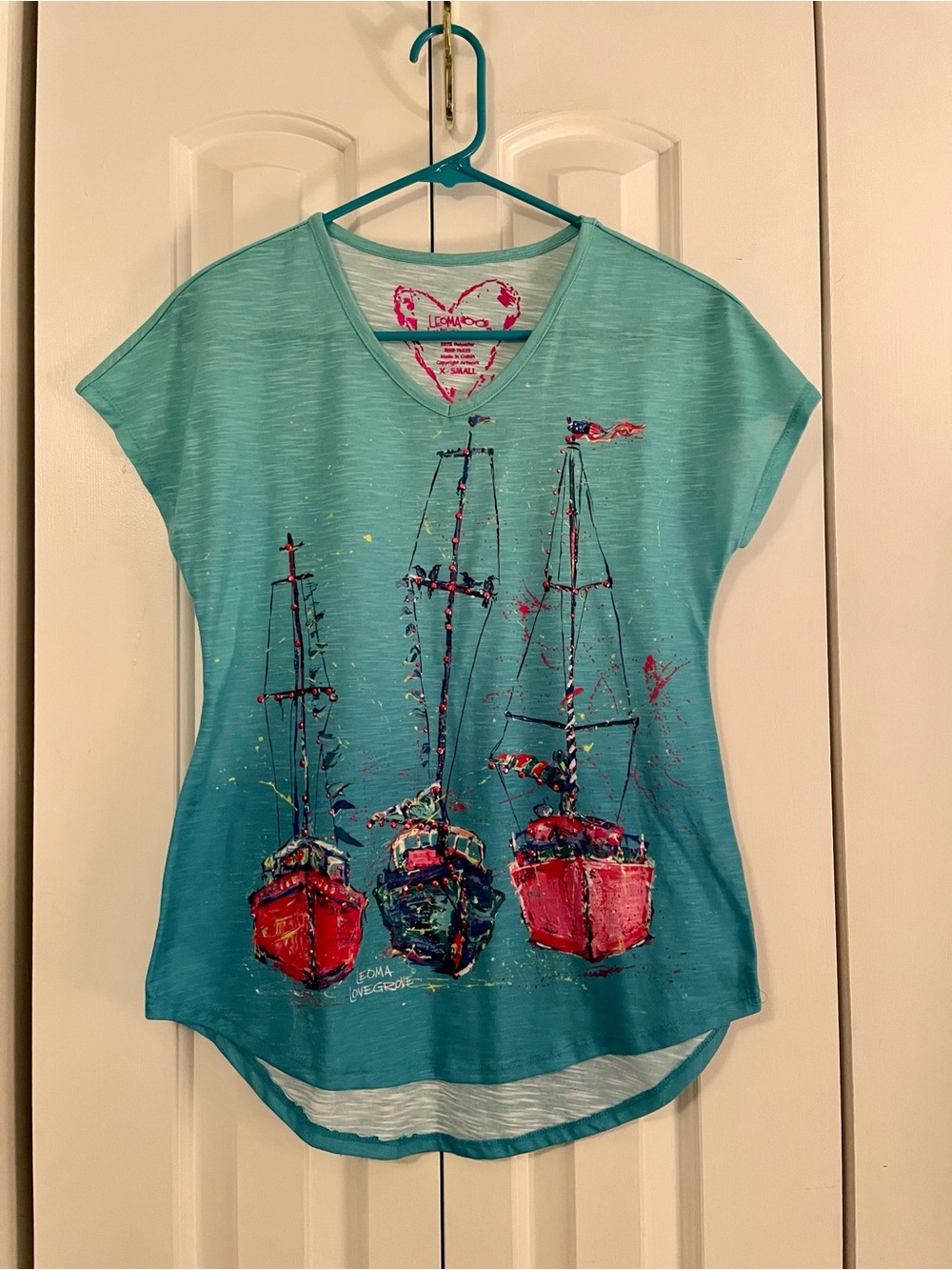Leoma Lovegrove Teal short-sleeve shirt with Colorful Sailboat Print